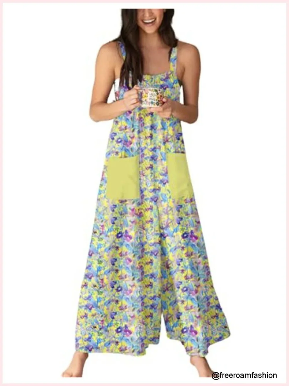 Wide Leg Jumpsuit with Pockets Adjustable Back Tie Boho Summer Romper